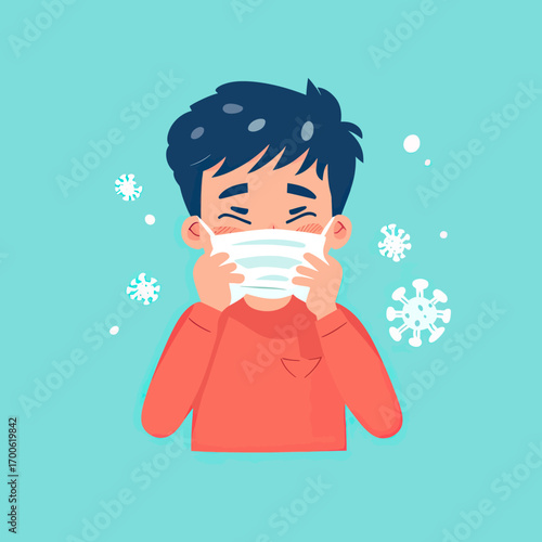 Boy Putting on Medical Mask Surrounded by Virus Particles Prevention Against Respiratory Infection Concept Flat Vector Illustration