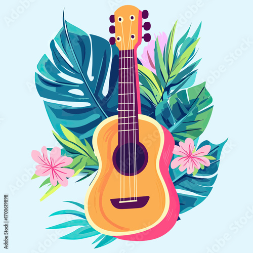 Colorful ukulele surrounded by tropical palm leaves and pink hibiscus flowers in flat vector style for summer music design and Hawaii theme decoration