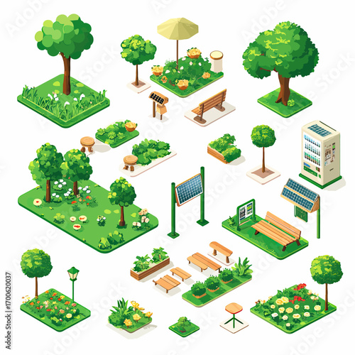 Isometric vector illustration of urban park elements including green trees bushes flower beds wooden benches solar panels vending machine lanterns and umbrellas isolated on white background