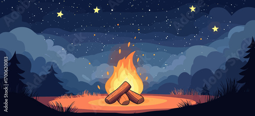 Cozy campfire with glowing flames burning on logs surrounded by grass under starry night sky in minimalist vector style illustration