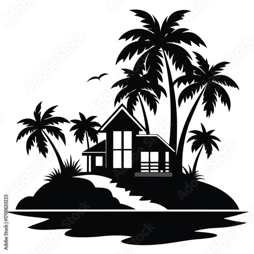 Tropical Island Silhouette with Palm Trees, House, Bird, and Water Graphic Illustration