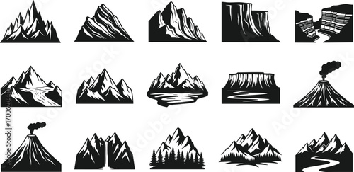 Mountain landscapes, volcanic eruption, canyon views, forest scenery, nature illustrations, outdoor adventure, wilderness, river valley, scenic peaks, natural beauty, hiking destinations, volcanic smo