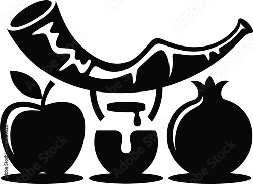 Black silhouette of the star of david and a shofar horn on a white background