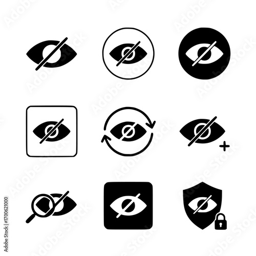 Set of invisible eye icons for privacy and hidden content