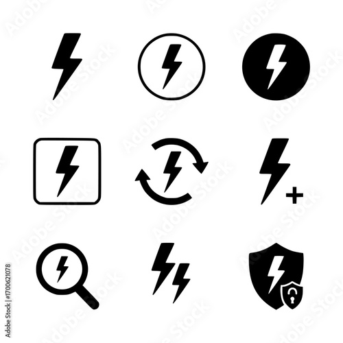 Set of Black and White Lightning Bolt Icons