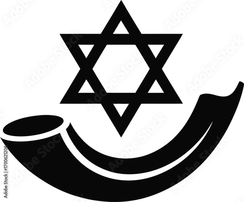 Black silhouette of the star of david above a shofar horn on a white background