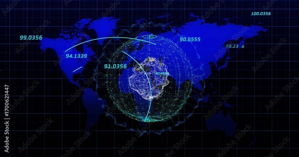 Naklejka premium Displaying world map grid overlay on dark backdrop with spherical network, arcs and numeric labels