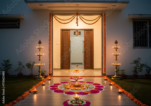 Diwali an illuminated pathway leading to an indian home entrance, adorned with a vibrant rangoli, marigold flower strings, and numerous diyas, creating a festive and sacred ambiance for diwali