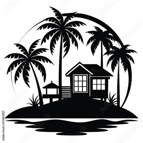 Tropical Island Silhouette with Palm Trees, Beach Hut, and Ocean Waves Graphic Design