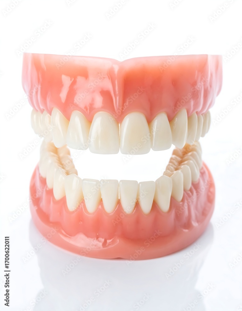 Obraz premium Upper and lower dentures against white background
