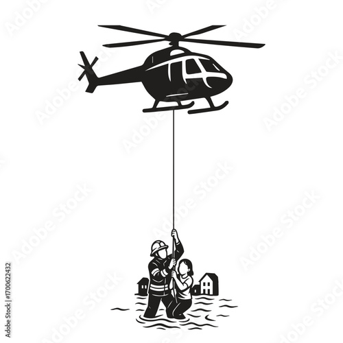 vector illustration of Firefighters evacuate victims trapped in floodwaters using ropes lifted by helicopters