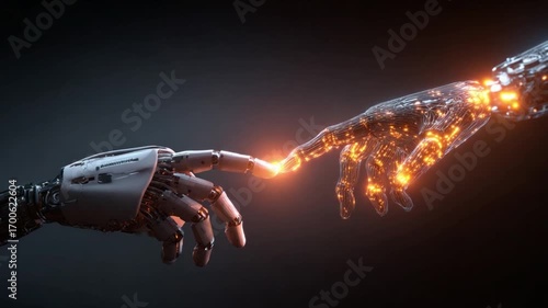 Humanity Meets Artificial Intelligence: A captivating, artistic scene unfolds as a robotic hand reaches out to touch a human hand, sparking an evocative, electrifying connection.