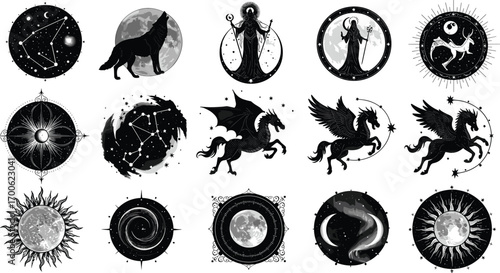 Mystical celestial illustrations, zodiac symbols, mythical creatures, moon phases, stars, sun, astrology, fantasy art, cosmic designs, black and white vector
