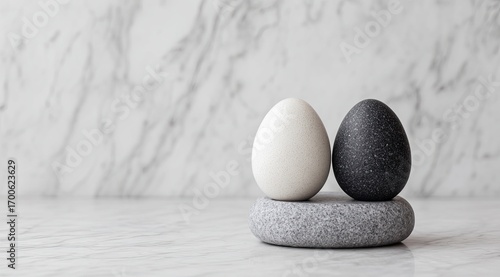 Two eggs, white and black, sit atop a gray stone