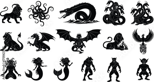 Mythical creatures vector set, fantasy monsters, dragons, hydra, phoenix, mermaids, werewolves, Medusa, sphinx, legendary beasts, dark silhouettes