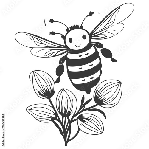 Bee on flower spring illustration grey