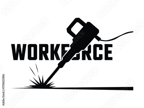 Jackhammer with workforce text isolated on white background vector illustration