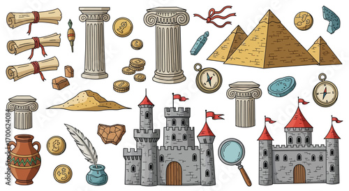 Historical Artifacts and Ancient Civilization Elements Vector Illustration Featuring Pyramids Castles Scrolls and Archaeological Finds