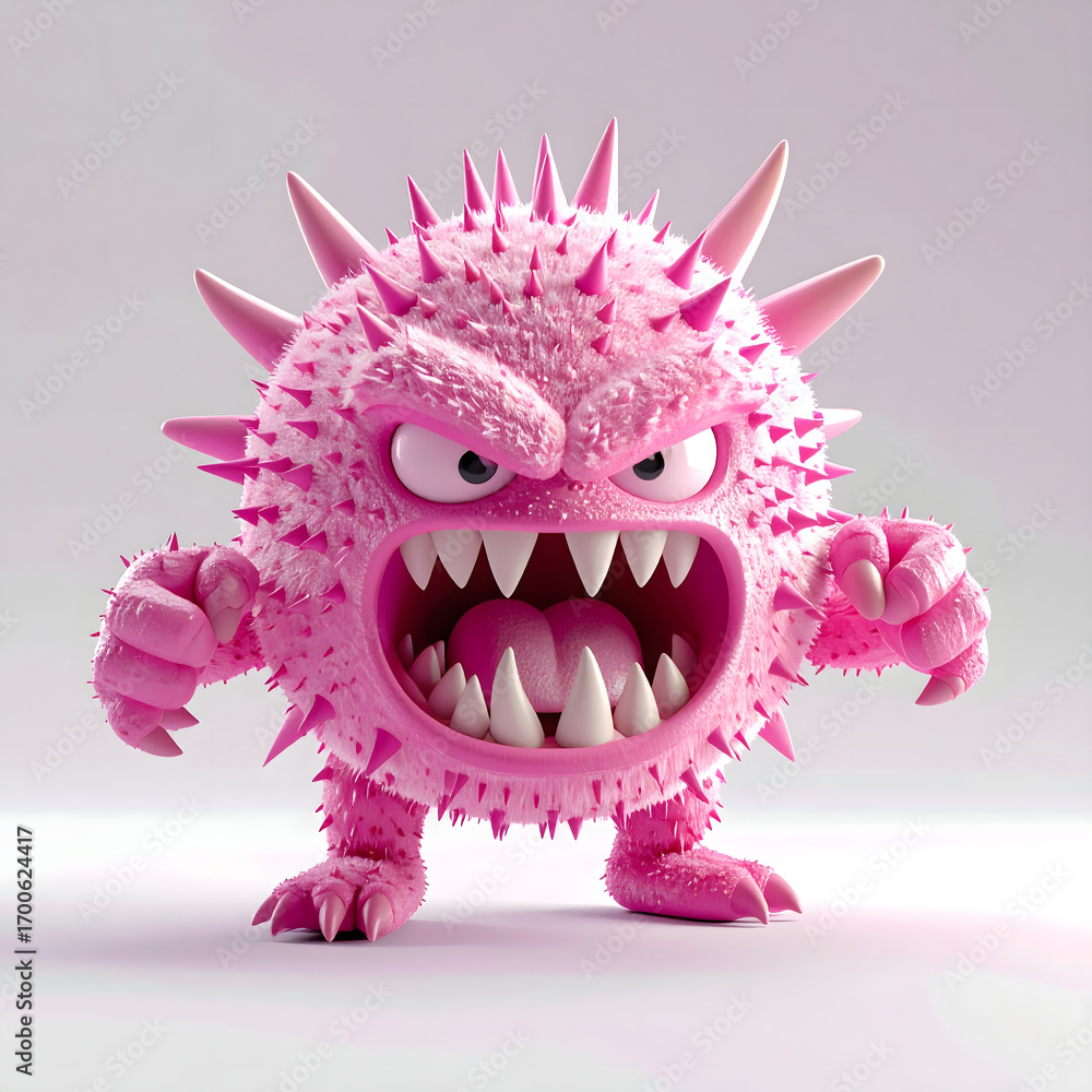 Naklejka premium 3D pink spiky monster, angry and yelling, small round body, clenched fists, sharp teeth.