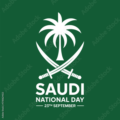 Saudi national day celebration with palm tree and crossed swords emblem on green background