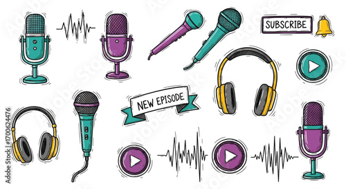Podcast and Audio Recording Equipment Vector Illustration Set Featuring Microphones Headphones and Play Buttons