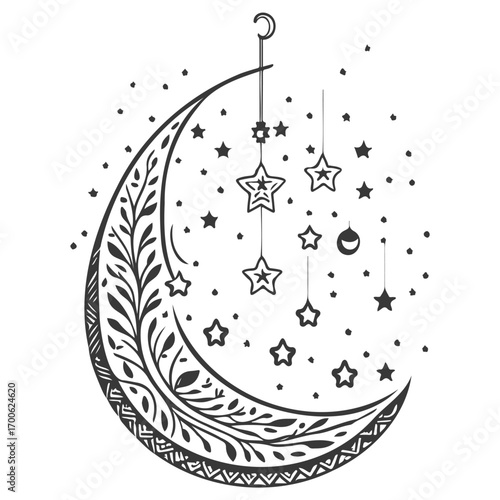 hanging moon star Ramadan illustration grey