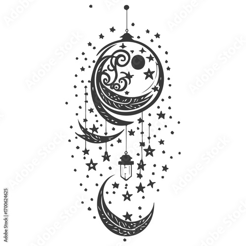 decoration hanging lantern moon star illustration grey