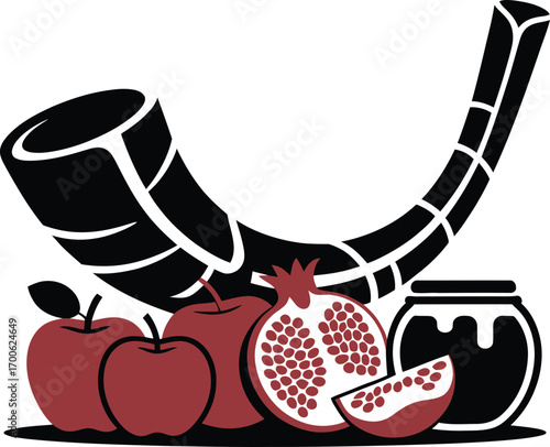 Shana tova greeting with apples pomegranate honey jar and shofar for jewish new year celebration