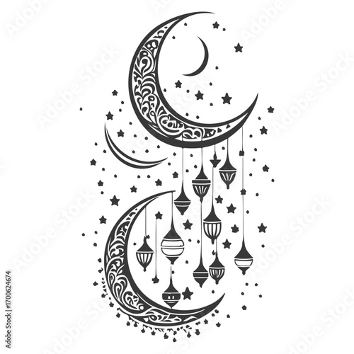 Ramadan Lantern Hanging Crescent Moon illustration grey
