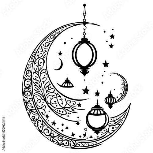 Ramadan Lantern Hanging Crescent Moon illustration sketch hand draw