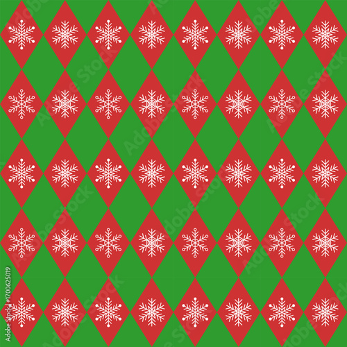 Seamless argyle pattern with white snowflakes.Colorful harlequin repeat pattern in green and red for Christmas.Winter vector graphic background for textile and prints.