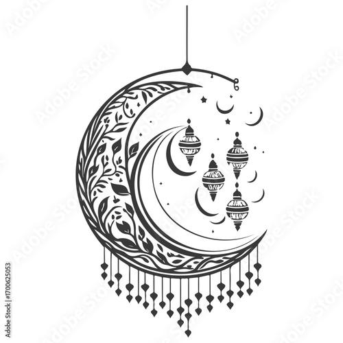 Ramadan Lantern Hanging Crescent Moon illustration grey