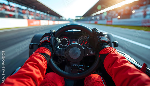 Angled POV shot from inside a racing car cockpit, slightly tilted perspective