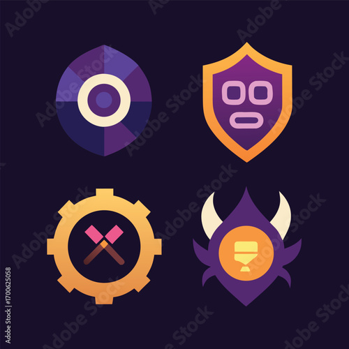 A set of four unique game badges, each with a distinct design and color scheme, ideal for game development projects