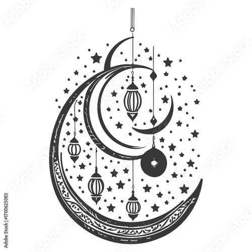Ramadan Lantern Hanging Crescent Moon illustration grey