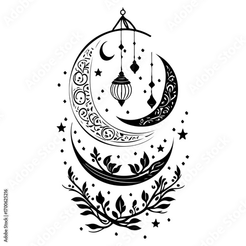 Ramadan Lantern Hanging Crescent Moon illustration sketch hand draw