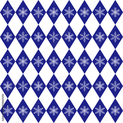 Seamless argyle pattern with snowflakes.Blue and white harlequin repeat pattern for Christmas.Winter vector graphic background for textile and prints.