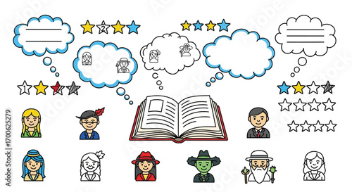 Book Review Elements Characters Speech Bubbles Stars and Open Book for Editorial Design and Reader Engagement