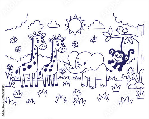 easy jungle animals coloring sheet for kids