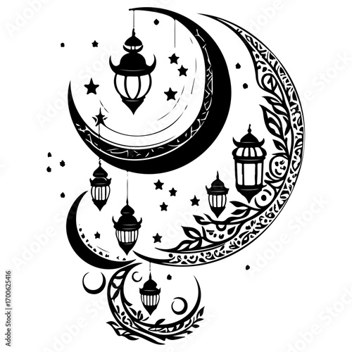 Ramadan Lantern Hanging Crescent Moon illustration sketch draw