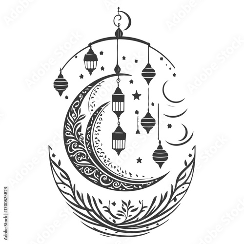 Ramadan Lantern Hanging Crescent Moon illustration grey