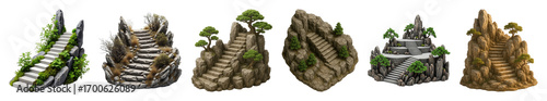 Fantasy rocky staircases set including winding, mossy, arid, and platform stages isolated. Game design assets and landscape elements.