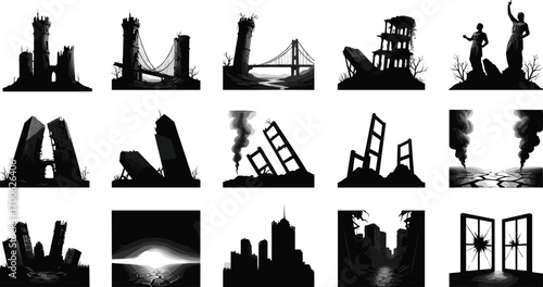 Post-apocalyptic city ruins vector set, destroyed buildings, broken bridges, cracked earth, smoke, war devastation, abandoned dystopian landscape icons