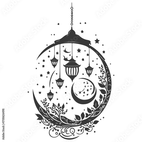 Ramadan Lantern Hanging Crescent Moon illustration grey