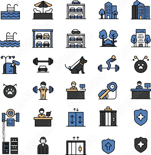Collection of various outlined symbols representing buildings, vehicles, people, and animals on a white backdrop in a simple, modern style.