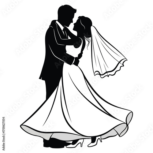 Vector art of silhouette of a bride and groom dancing