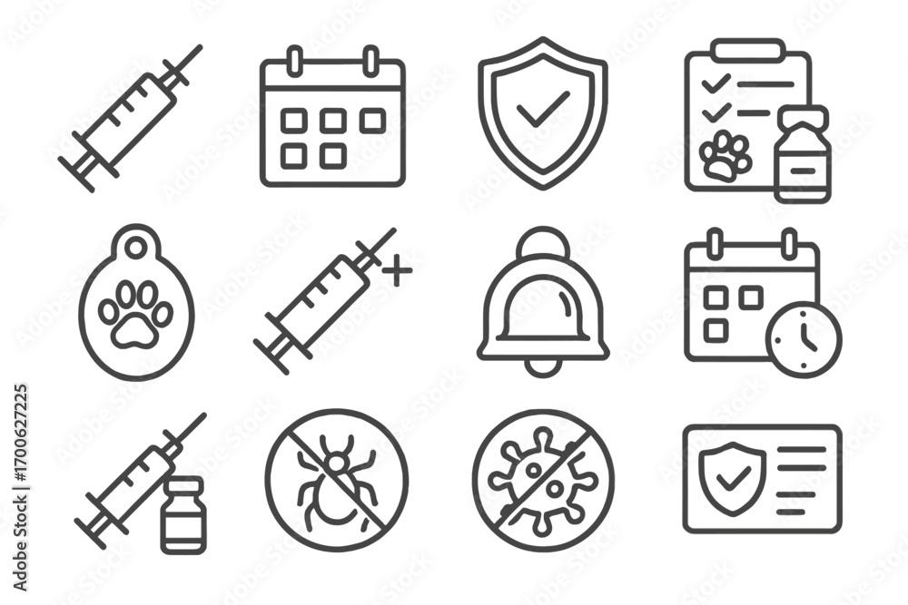 Fototapeta premium Vaccination Icon Set. Line style icons of vaccination and prevention: vaccine syringe, schedule calendar, immunity shield,