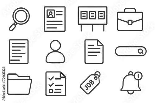 Job Search Icons. Line style icons of job search essentials: magnifying glass, resume icon, job board, briefcase; application form