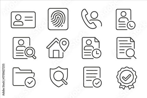 Background Check Icons. Line style icons of background checks and screening: ID verification, fingerprint icon, reference call,