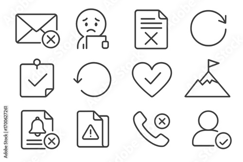 Retry and Resilience Icons. Line style icons of rejection and retry: declined envelope, sad face with paper, crossed-out